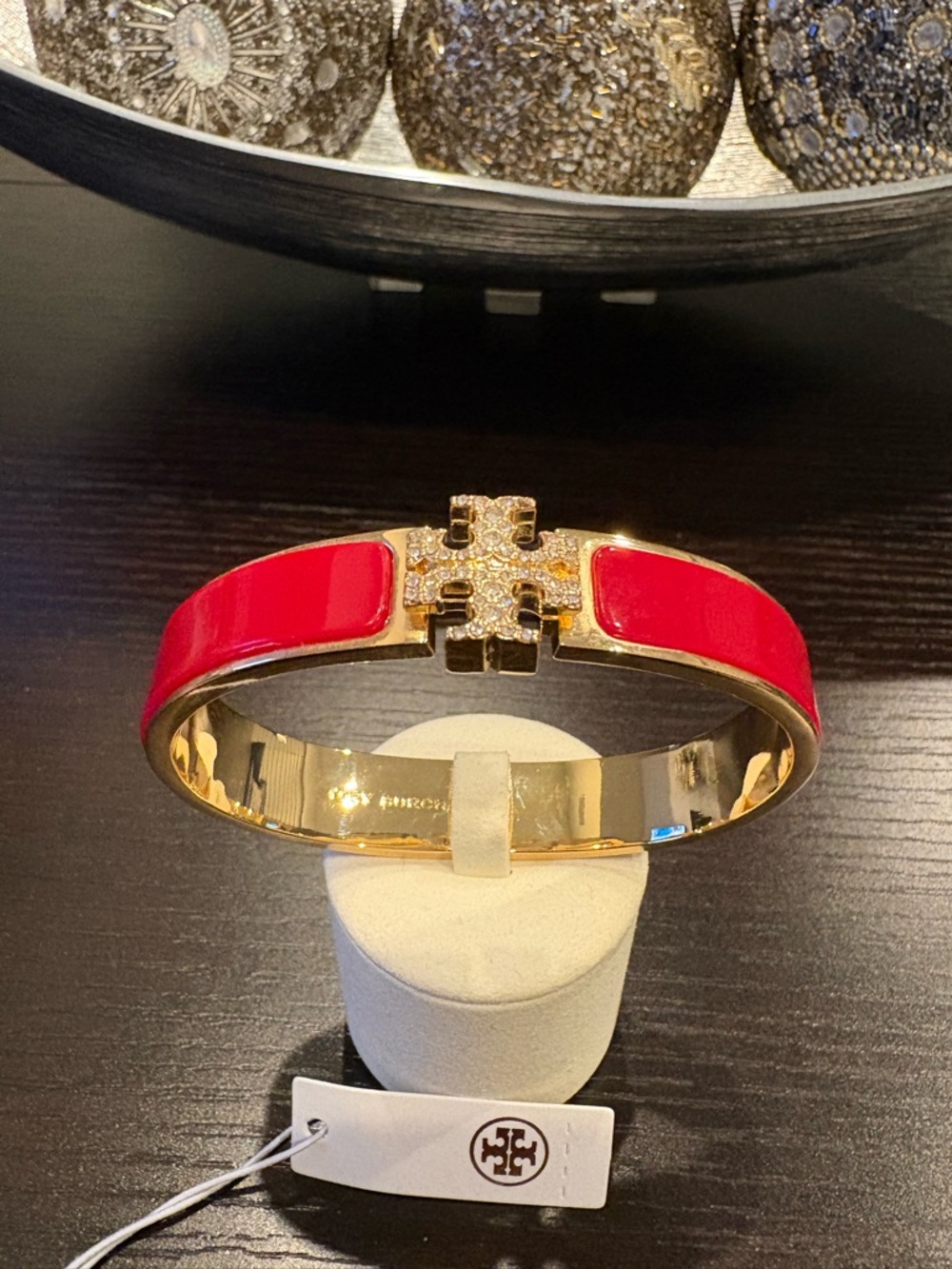 Tory Burch Red Enamel Crystal Pave Logo Hinged Bangle Bracelet